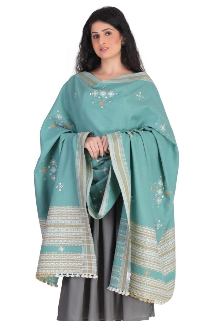 Blue - Kutch Handwoven Mirror Work Acrylic Wool Shawl 132